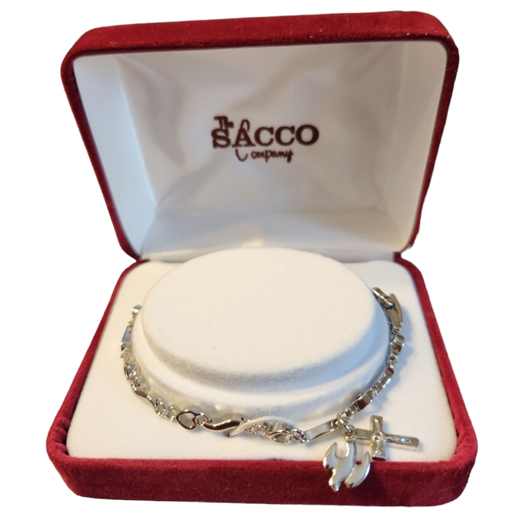 Silver tone Religious Peace Dove Cross bracelet with cubic zirconia hearts gift